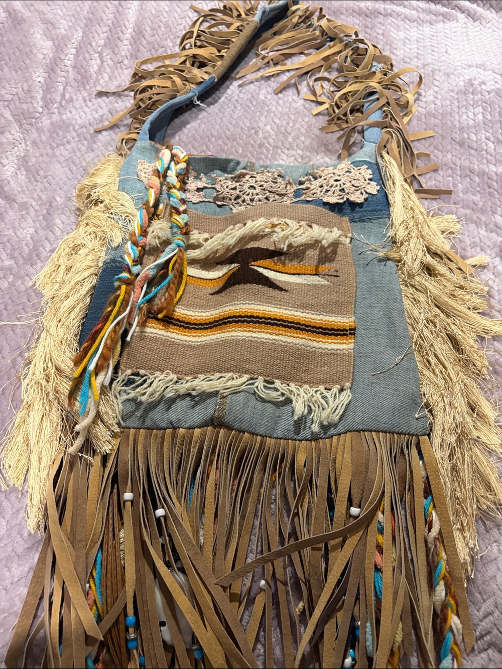 Boho Fringe Crossbody Bag - Mustard & Turquoise - Picture 4 of 9